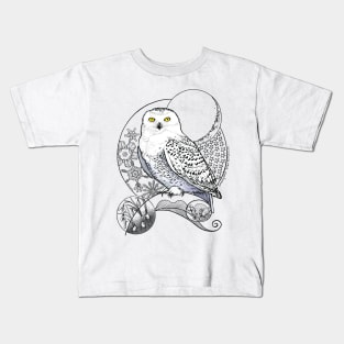 Snowy Owl Doodle in a blue wintery scene Kids T-Shirt